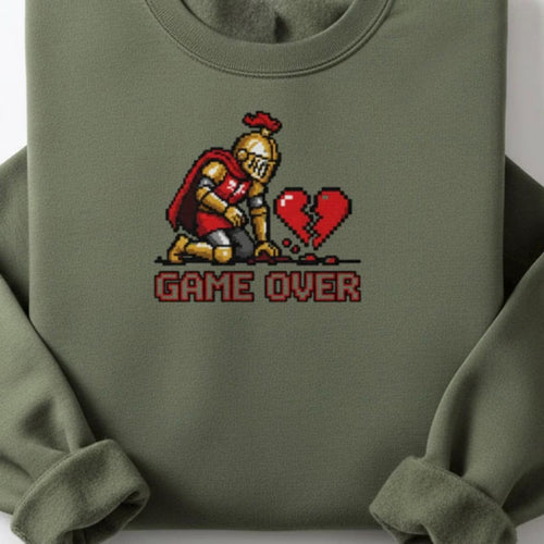 Pixel Art Game over Crewneck Sweatshirt | Retro Knight Heartbreak Meme Pullover