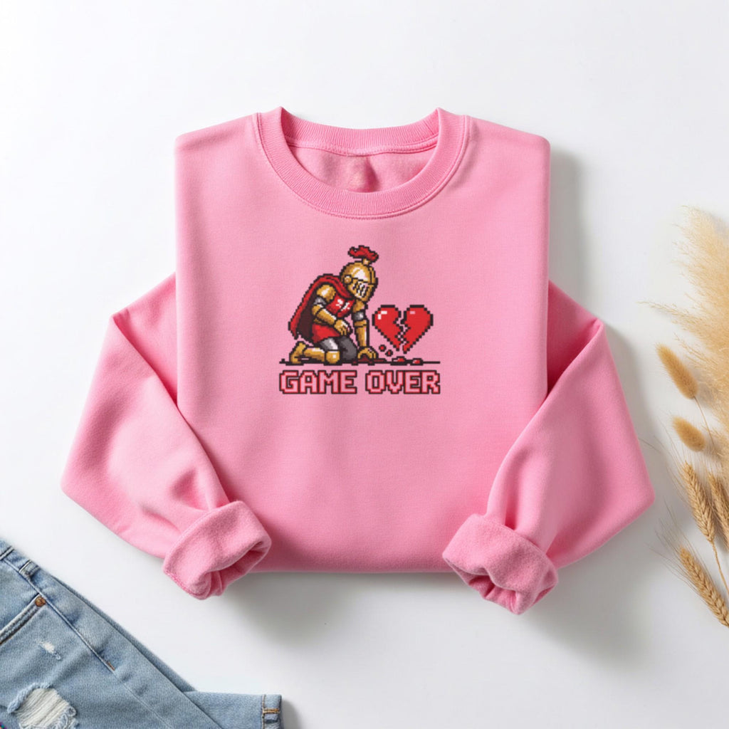 Pixel Art Game over Crewneck Sweatshirt | Retro Knight Heartbreak Meme Pullover