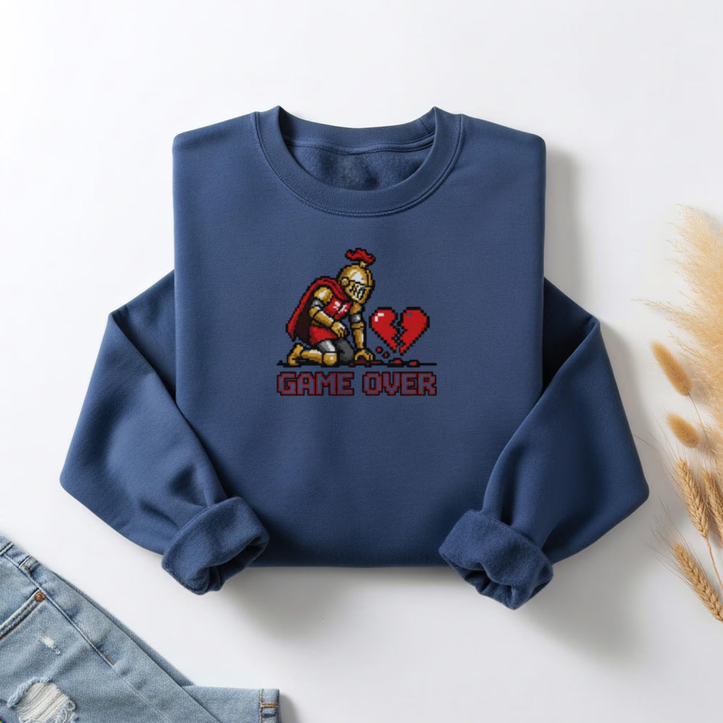 Pixel Art Game over Crewneck Sweatshirt | Retro Knight Heartbreak Meme Pullover